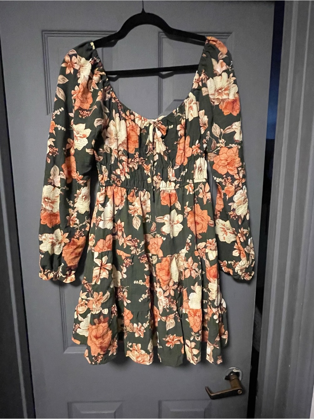 liberty Dark Green Floral Long-Sleeve Mini Dress with Peach Blooms